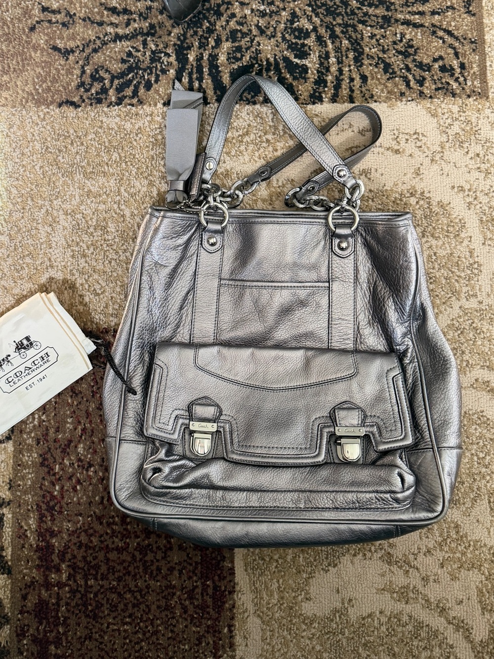 Coach Metallic Silver Leather Tote with Front Flap Pocket - Picture 2 of 7